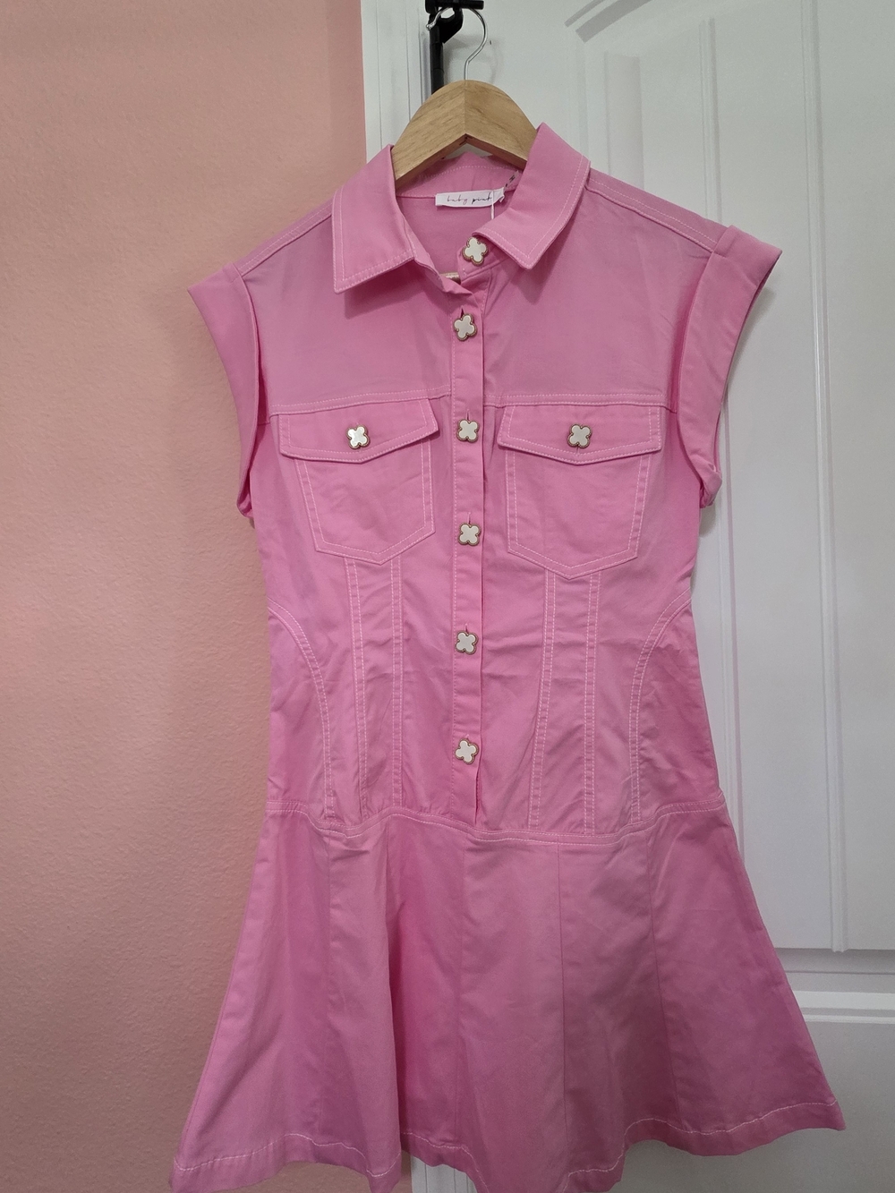 Pink Dress with Gold Clover Buttons